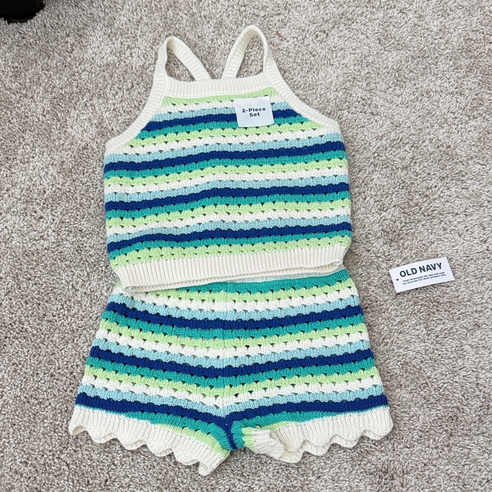 Old Navy Girls' Green & Blue Striped Knit Shorts Set
